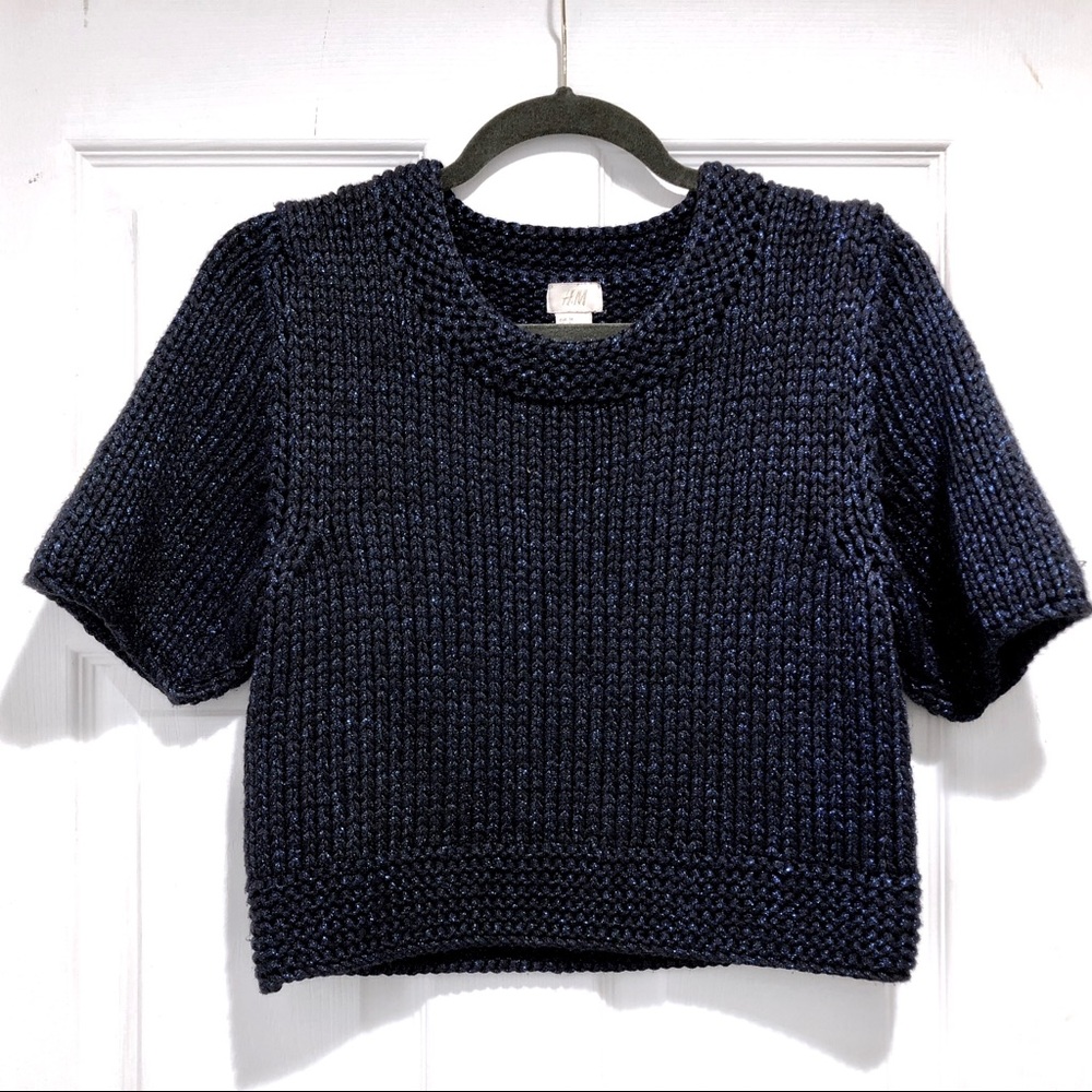 Metallic Blue Black Cable Knit Crop Top Sweater